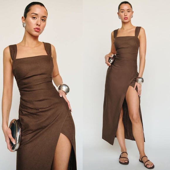 NWT Reformation Clement Linen Midi Dress Chocolate Cake - Size 2 - Picture 1 of 15